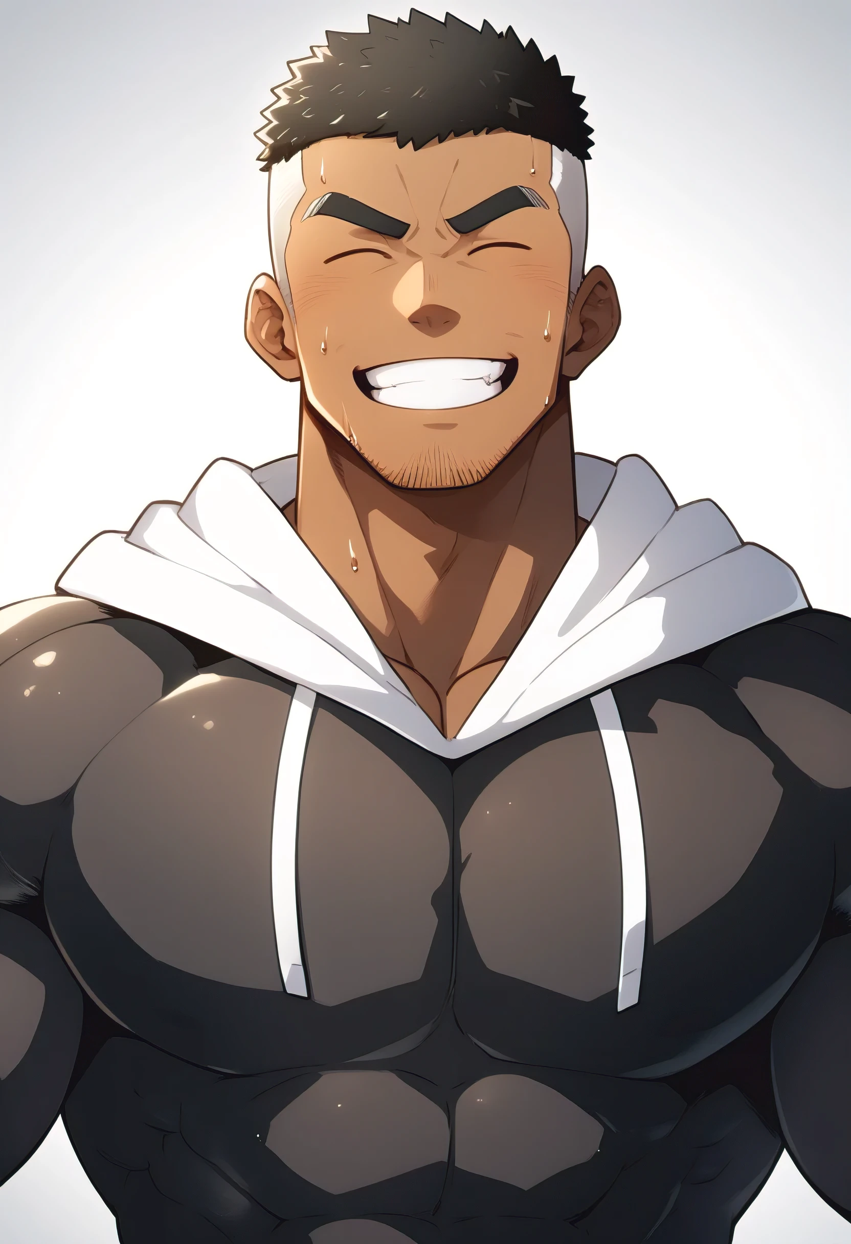 One Black person, anime characters：Gyee, Young Muscle Sports Sexy Teacher, sweat, negro black skin, pectoralis major, male focus, White hooded sports sweatshirt, Wear a black high-necked tights inside, Very tight, muscular male, muscular, only, Upper body, White short hair, Thick eyebrows, stubble, Grey background, simple background, amazing quality, best aesthetics, Ridiculous,crew cut, parted lips, Show your teeth, Embarrassed giggles, He smiled and narrowed his eyes, Squinting smile, best quality