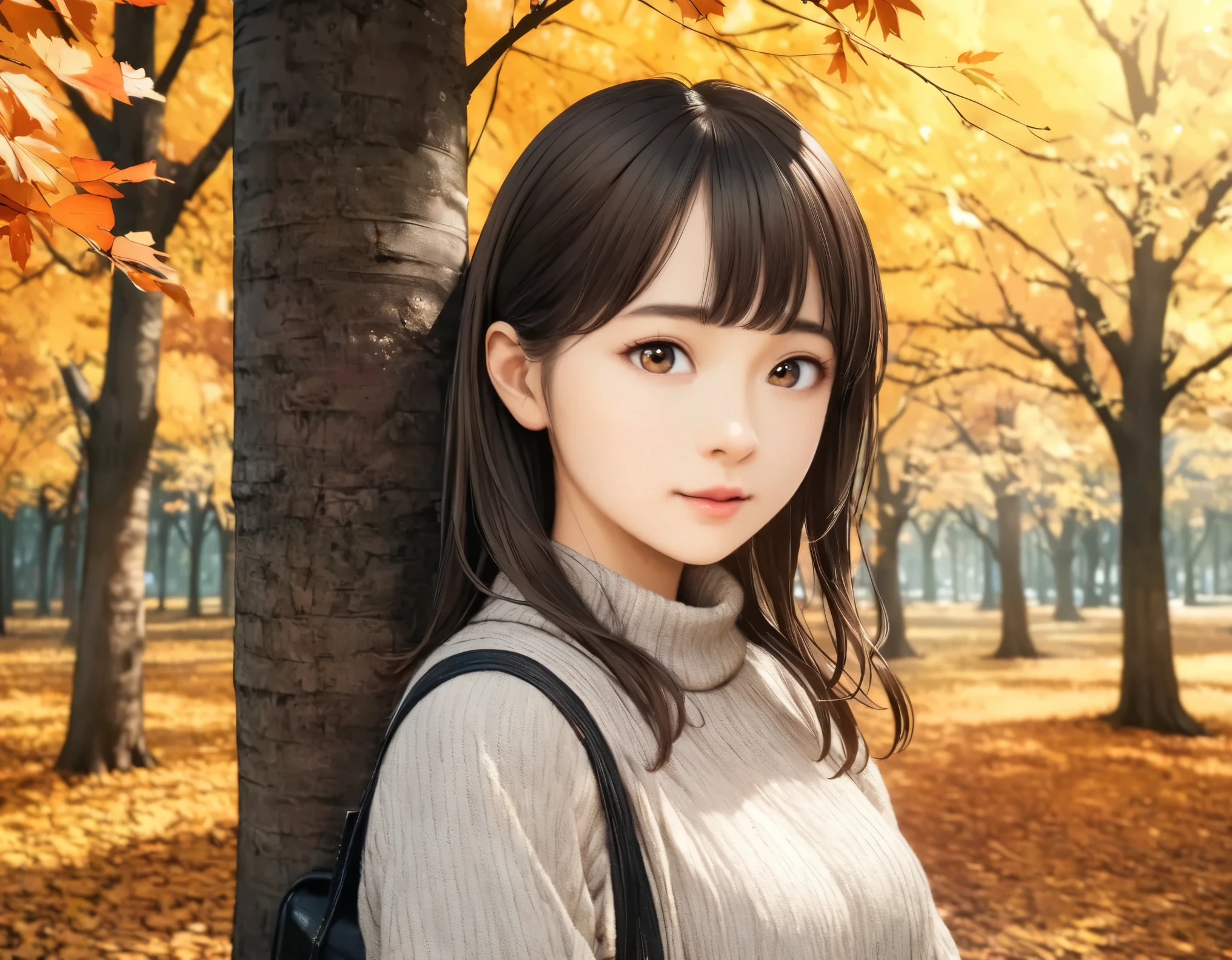 (best quality, 8k, high resolution:1.2), 1girl, shiitake tree, autumn, upper body