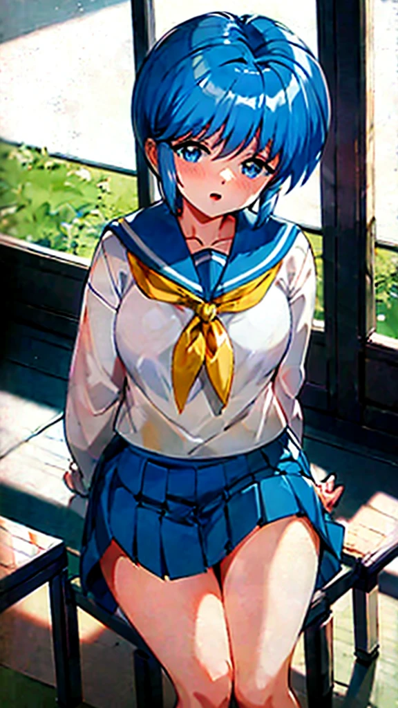 Junior high school students, uniform yellow scarf , Blue Hair,  short hair, Saki Nijino, Skirt lift,  shyly shows off white panties, classroom