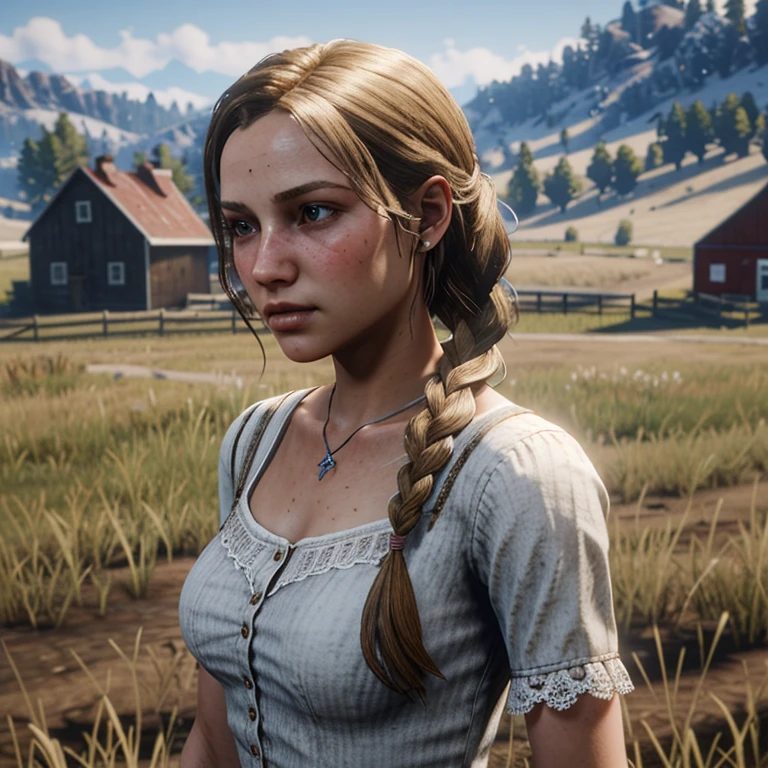 red dead redemption 2 german daughter,
Blonde,braids,Sleek tied hair,
slim face,white skin,sunkissed blush,snub nose,delicate mouth and jaw,
petite,very young girl,very thin complexion,skinny,slender body,
masterpiece, best quality, HDR,
dressing 1910 farmer’s dress,
red dead redemption 2 farm background,
