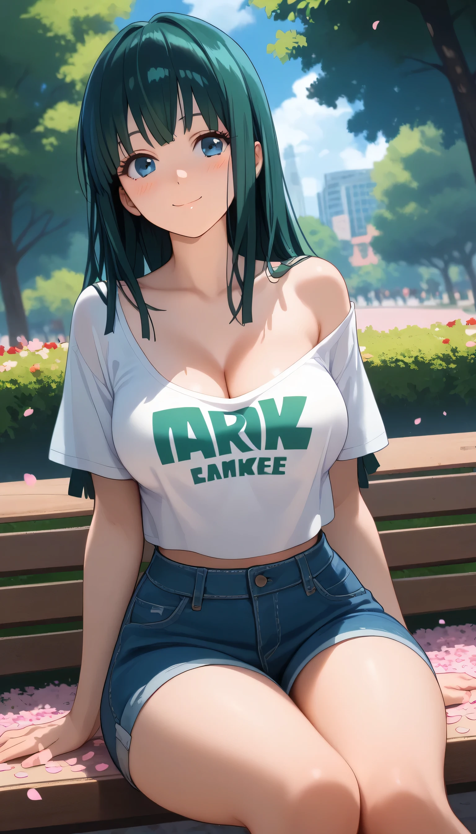 Front view, (from below:0.8), score_9_up,score_8_up, Fubuki, 1girl, solo, blue eyes, dark green hair, ((blush)), closed mouth, smile, big breast, big thighs, wearing a cropped off-shoulder transparent t-shirt, show cleavage, denim short, ((sitting)), (sakura petals), ((entertainment park))