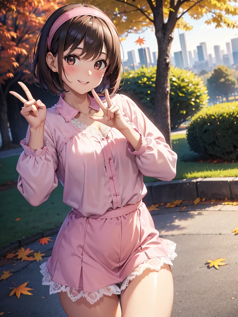  Kampala,cute,solo, Brown Eyes ,Brown Hair,25-year-old woman,Five beautiful fingers, pink blouse with lace ,black miniskirt with lace, pink headband with lace, landmine fashion,smile,B Cup, short hair,Looking at the camera, Peace Sign ,Blurred Background,morning,Autumn park,