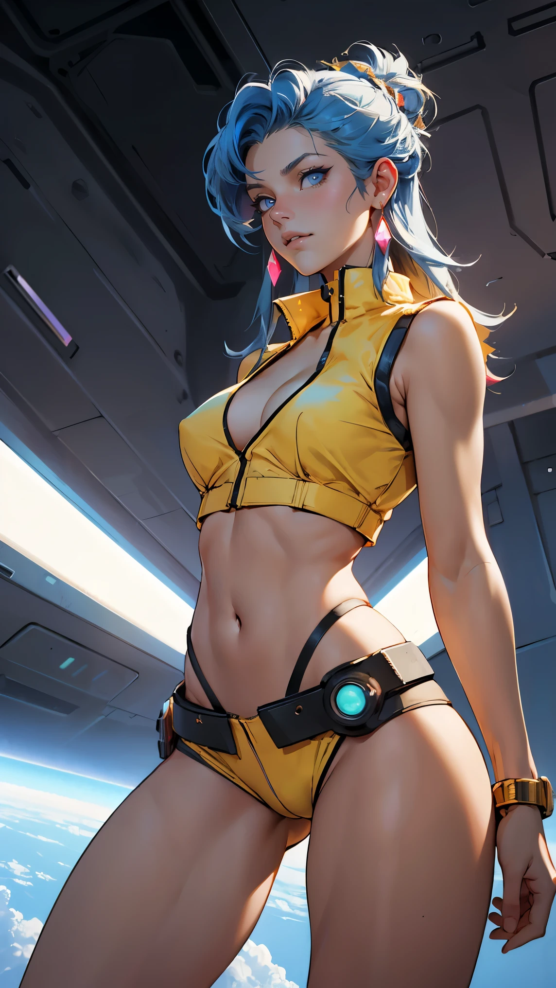 ((Masterpiece, highest quality; 1.3)), super quality, beautiful detail, super detailed, extra fine, 16K, exquisite, absurd, high resolution, beautiful background, detailed background, beautiful eyes, beautiful skin, anime style, dirtypairyuri, Dirty Pair Yuri in a skimpy light yellow outfit, long blue hair, blue eyes, earrings, white yellow uniform, white crop top, cutout, sleeveless, wearing tight clothing, skimpy, (breasts: 1.2), cleavage, cleavage, , obliques, fit arms, slim waist, ((wide hips)), fit thighs, (thigh gap), showing stomach, (skinny frame), wide hips, cyberpunk city background, holding a retro space gun