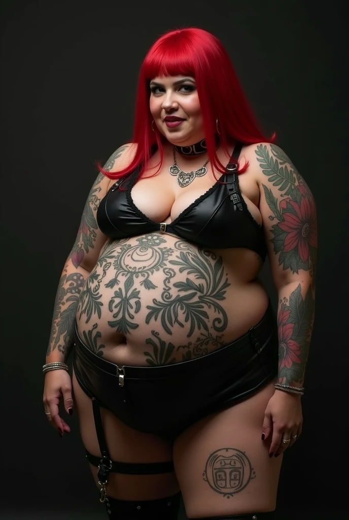 (((morbidly obese woman))), ((obese body)), (((SSBBW))), nude breasts,big round belly, many American traditional tattoos, dark ginger hair, cute chubby face, tiny short-shorts, 4k, highly detailed realistic image