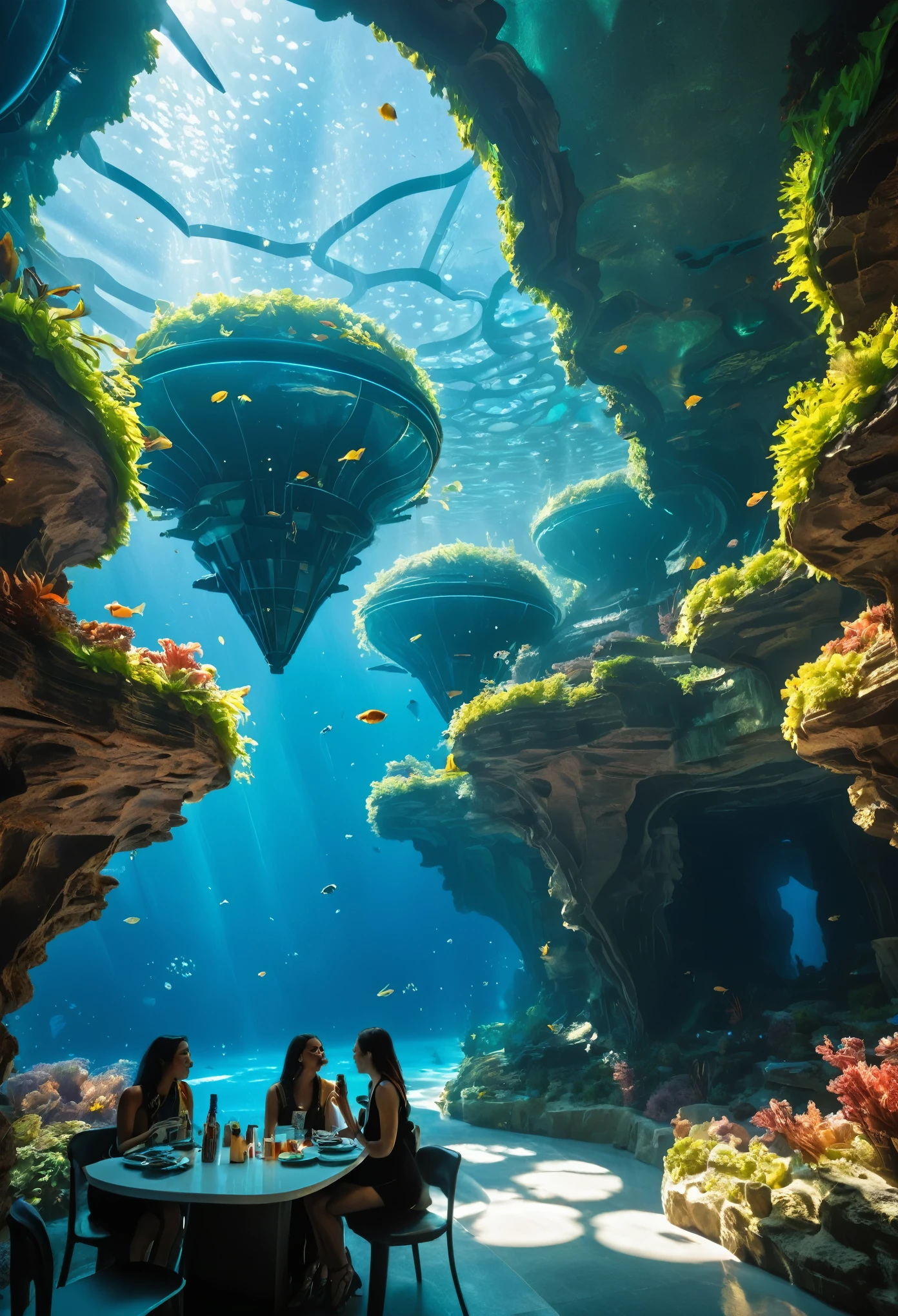 3 girls exploring  underwater city, where buildings are made of bioluminescent coral and streets are formed by paths of seaweed that glow different colors at night. Os habitantes, a mixture of humans and marine beings, They move using underwater vehicles that imitate the movement of fish and communicate through a system of vibrations and light signals. The sky above the city is a surface of water that reflects sunlight, creating a spectacle of ever-changing colors and patterns. 3 girls eating in front table, taking selfie. A 4-level hotel inspired by the movie Avatar the way of water friends eating inside of lobby antelope canyon like cafe of ((Masterpiece))underwater futuristic  gray rocky surface which is covered with a thick layer of dust, futuristic sci-fi masterpiece, underwater  cybernetic residential beehive pod architecture design, realistic ,intricate, detailed ,rocks,blue fountain, waterfallsorganic futurism, indigenous futurism,futuristic vision, architecture styles of Rem Koolhaas,Daniel Libeskind, Jean Nouvel, Paolo Soleri, upstairs, balconies, futuristic facades, trending on art station, beautiful lighting,masterpiece, fantasy, intricate, award winning, 4k, highest quality render model:Real , heart shaped architecture ((masterpiece)),((best quality)),((high detail)),((realistic,)) Futurist era city, Magnificent space image scene heavenly body 8K，super-fine, rocky walls. friends eating in cafe. cafe bustling with people. people sitting in cafe. unser water city