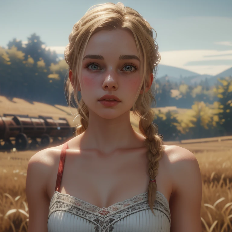 red dead redemption 2 german daughter,
Blonde,braids,Sleek tied hair,
slim face,white skin,sunkissed blush,snub nose,delicate mouth and jaw,
petite,very young girl,very thin complexion,skinny,slender body,
masterpiece, best quality, HDR,
dressing 1910 farmer’s dress,
red dead redemption 2 farm background,
