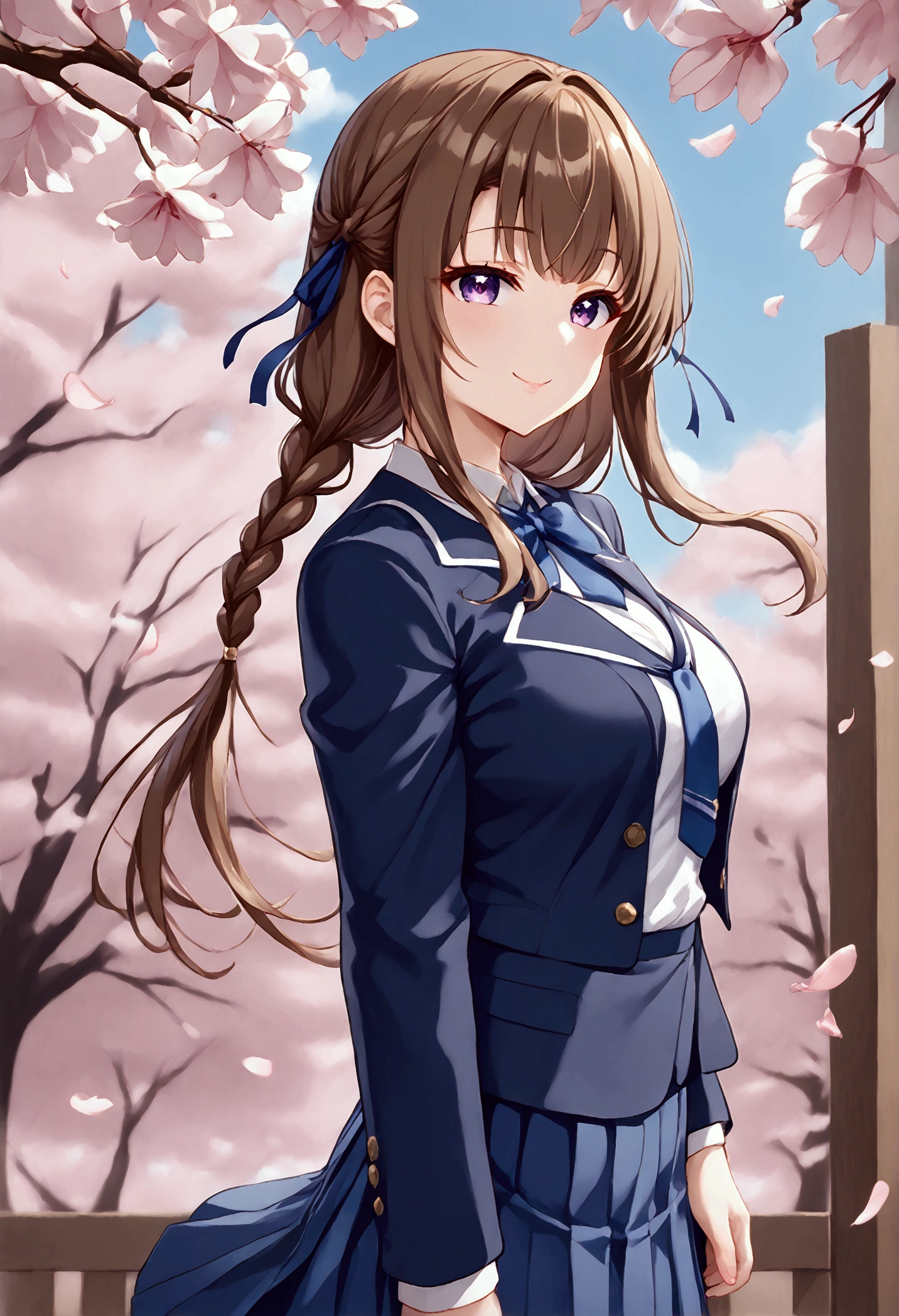 A voluptuous female character with long, straight brown hair, styled with a small braid on one side. She has large, expressive violet eyes and a sweet, coquettish smile. Dressed in a fitted light blue school uniform, including a blazer and a matching short skirt, with a white shirt and a blue ribbon tie. She wears black tights, which highlight her curvy figure. The background is a spring scene with cherry blossoms falling, giving a soft and romantic atmosphere.