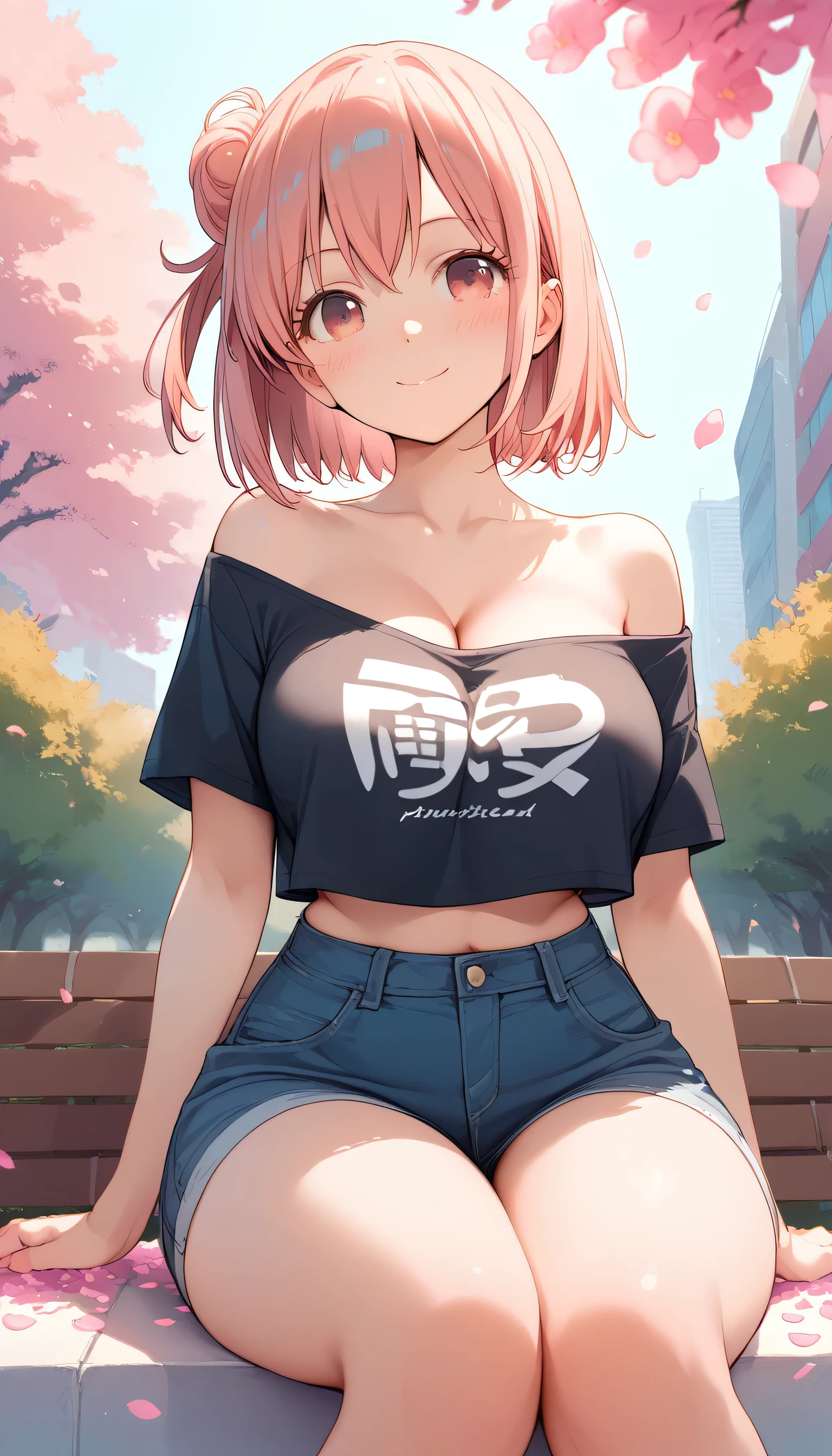 Front view, (from below:0.8), score_9_up,score_8_up, Yuigahama Yui, 1girl, solo, dark pink eyes, pink hair, ((blush)), closed mouth, smile, big breast, big thighs, wearing a cropped off-shoulder transparent t-shirt, show cleavage, denim short, ((sitting)), (sakura petals), ((entertainment park))