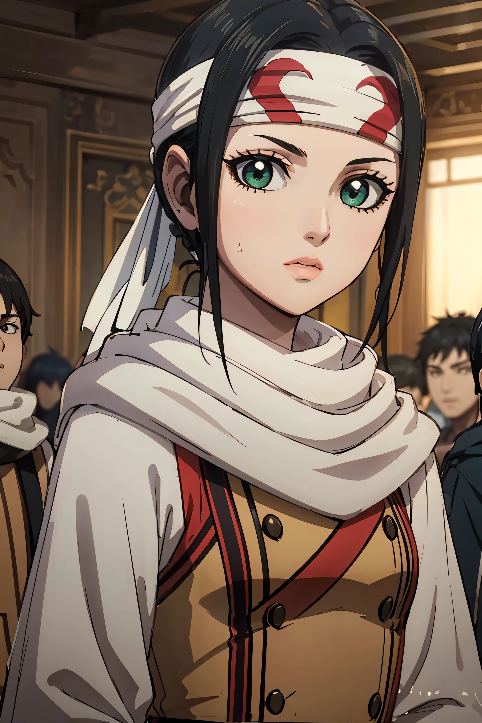 ((masterpiece、Highest quality、Super detailed))、1 girl、solo、scarf、head band、arms、Best Quality、Black Hair、Braid、ponytail、Green Eyes、Headband、Upper Body、looking at the camera、grassland