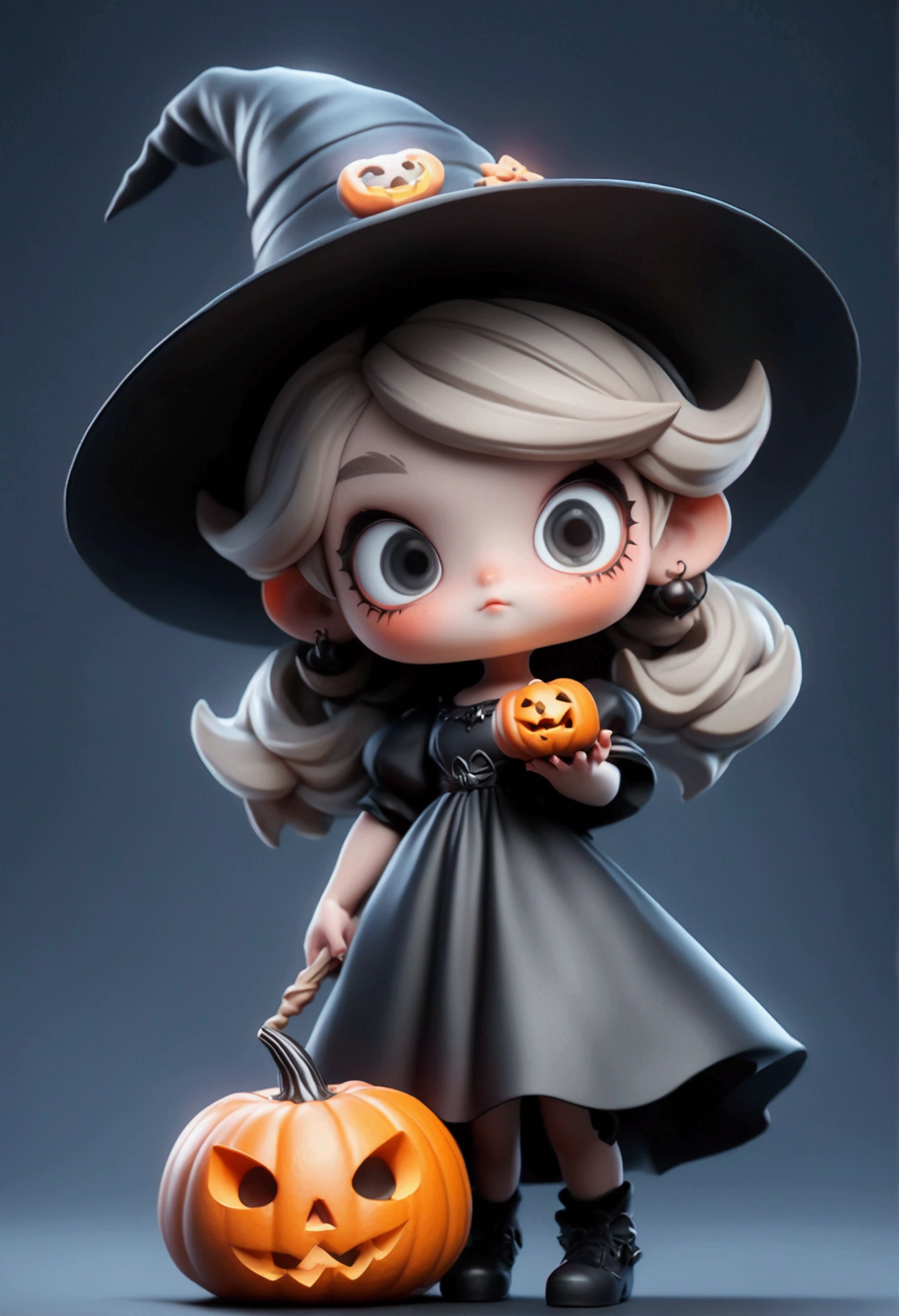 masterpiece, best quality,8K, Official Art , super high resolution,owo style ,Chibi,Halloween theme，1 girl, girl in a black dress ，Wearing a wizard hat， holding a Halloween pumpkin in her hand, simple background