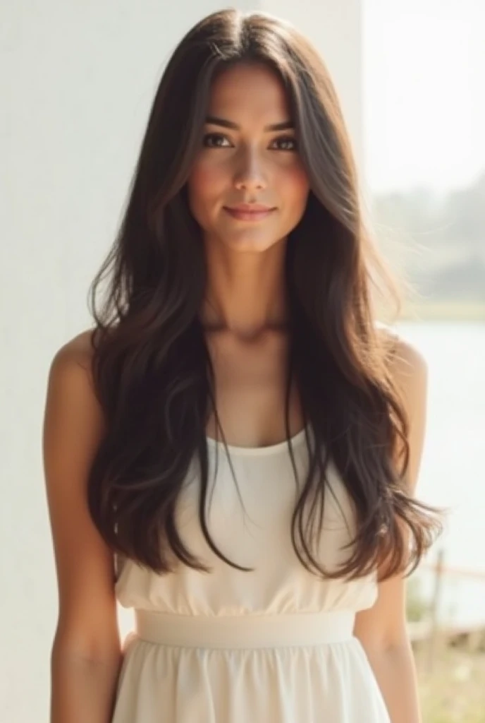 a young woman with long dark brown hair, beautiful young woman wearing sundress, white backgroundnd 