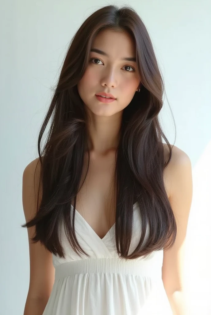 a young woman with long dark brown hair, beautiful young woman wearing sundress, white backgroundnd 