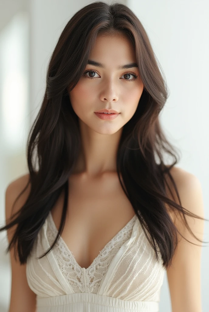 a young woman with long dark brown hair, beautiful young woman wearing sundress, white backgroundnd 