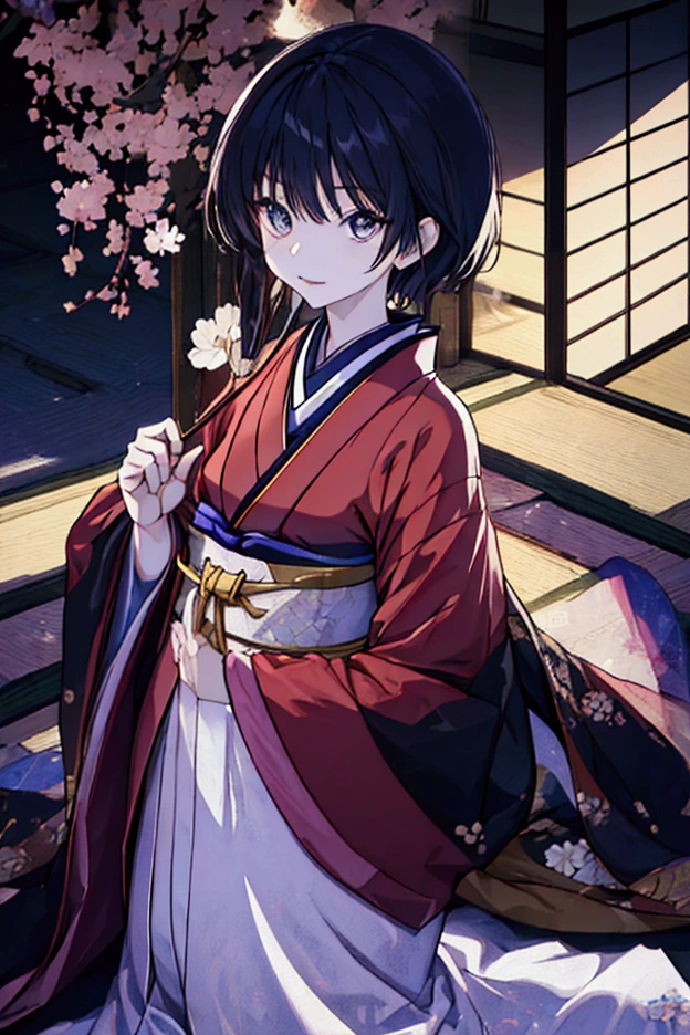  Rin wearing a kimono 々Young man、Black Hair、Iris、 Mysterious Atmosphere 、Space background 、light and magic、wisdom、 in a dignified kimono、 beautiful Japanese pattern 