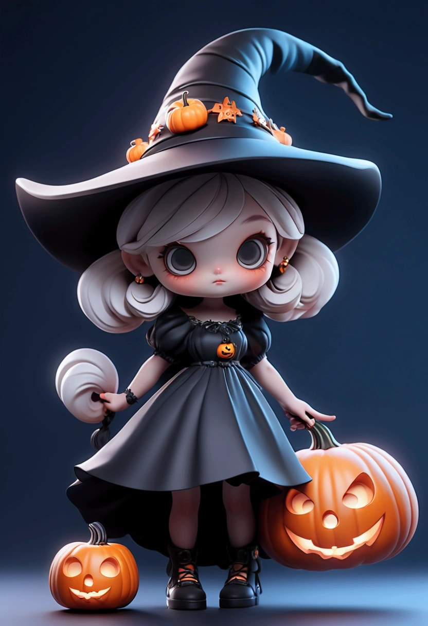 masterpiece, best quality,8K, Official Art , super high resolution,owo style ,Chibi,Halloween theme，1 girl, girl in a black dress ，Wearing a wizard hat， holding a Halloween pumpkin in her hand, simple background，3D stereoscopic