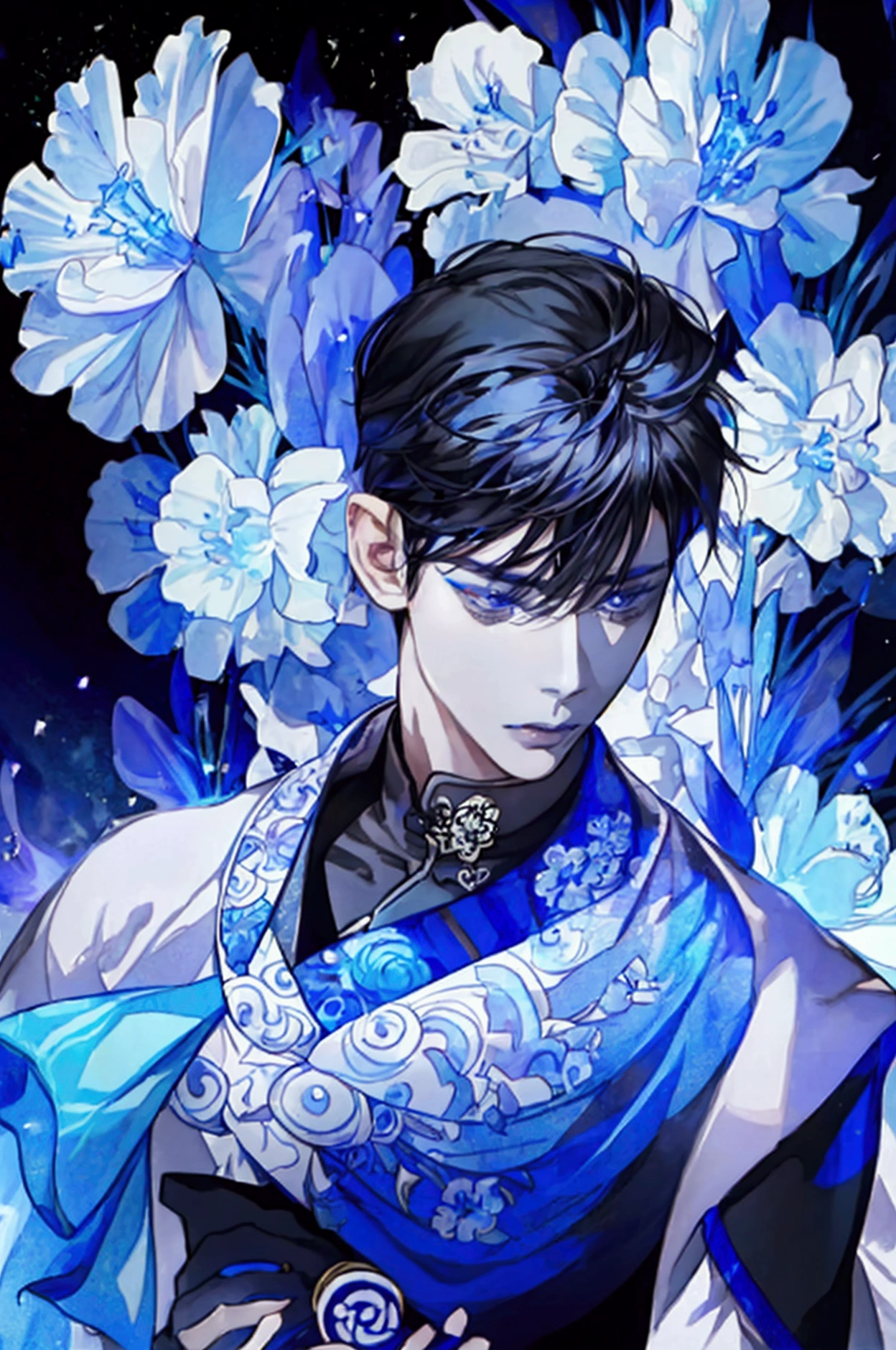 Cool guy、 Rin wearing a kimono 々Young man、Black Hair、Iris、 Mysterious Atmosphere 、Space background 、light and magic、wisdom、 in a dignified kimono、 beautiful Japanese pattern 