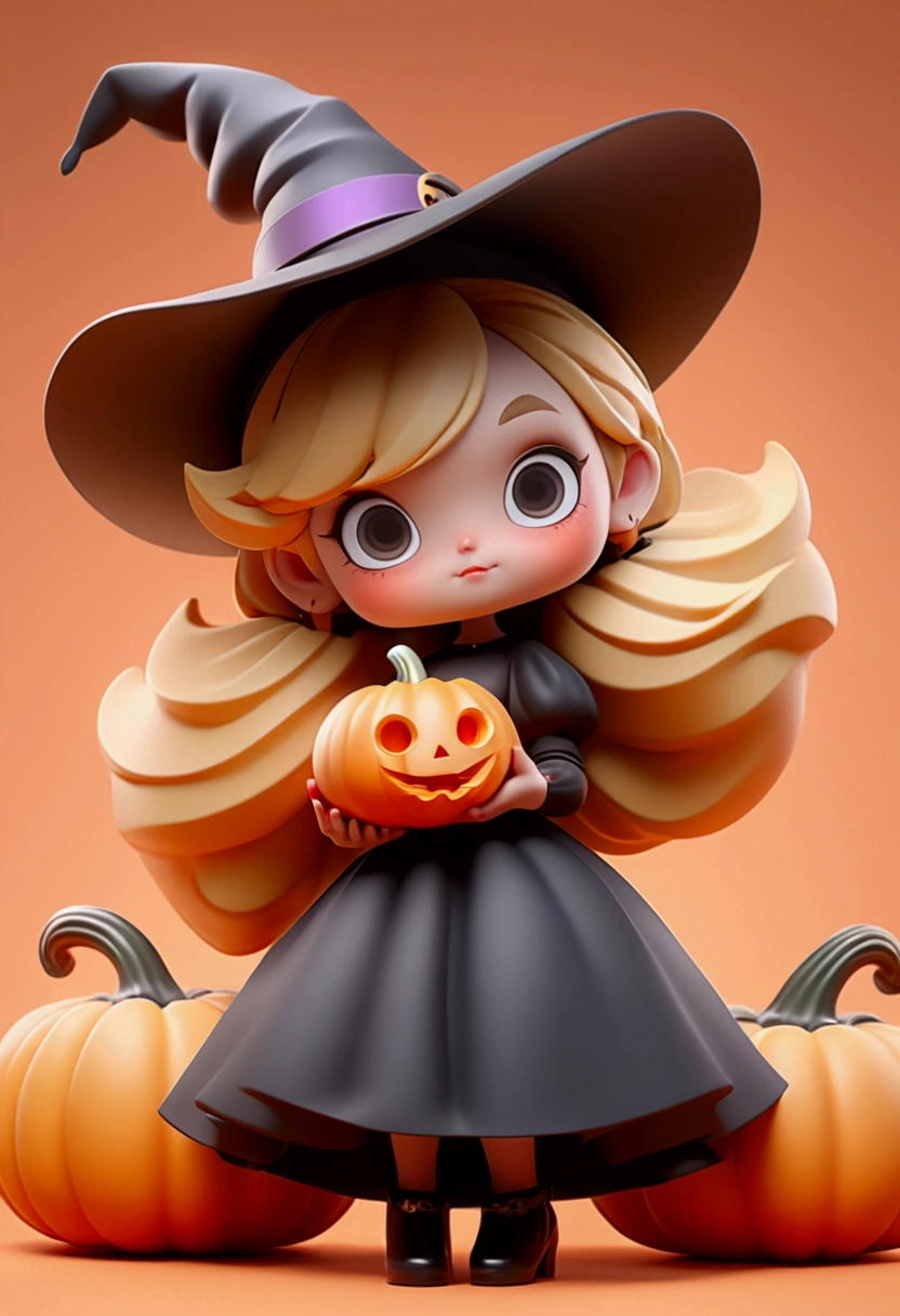 masterpiece, best quality,8K, Official Art , super high resolution,owo style ,Chibi,Halloween theme，1 girl, girl in a black dress ，Blonde hair，Wearing a wizard hat， holding a Halloween pumpkin in her hand,Sit on a big pumpkin， simple background，3D stereoscopic