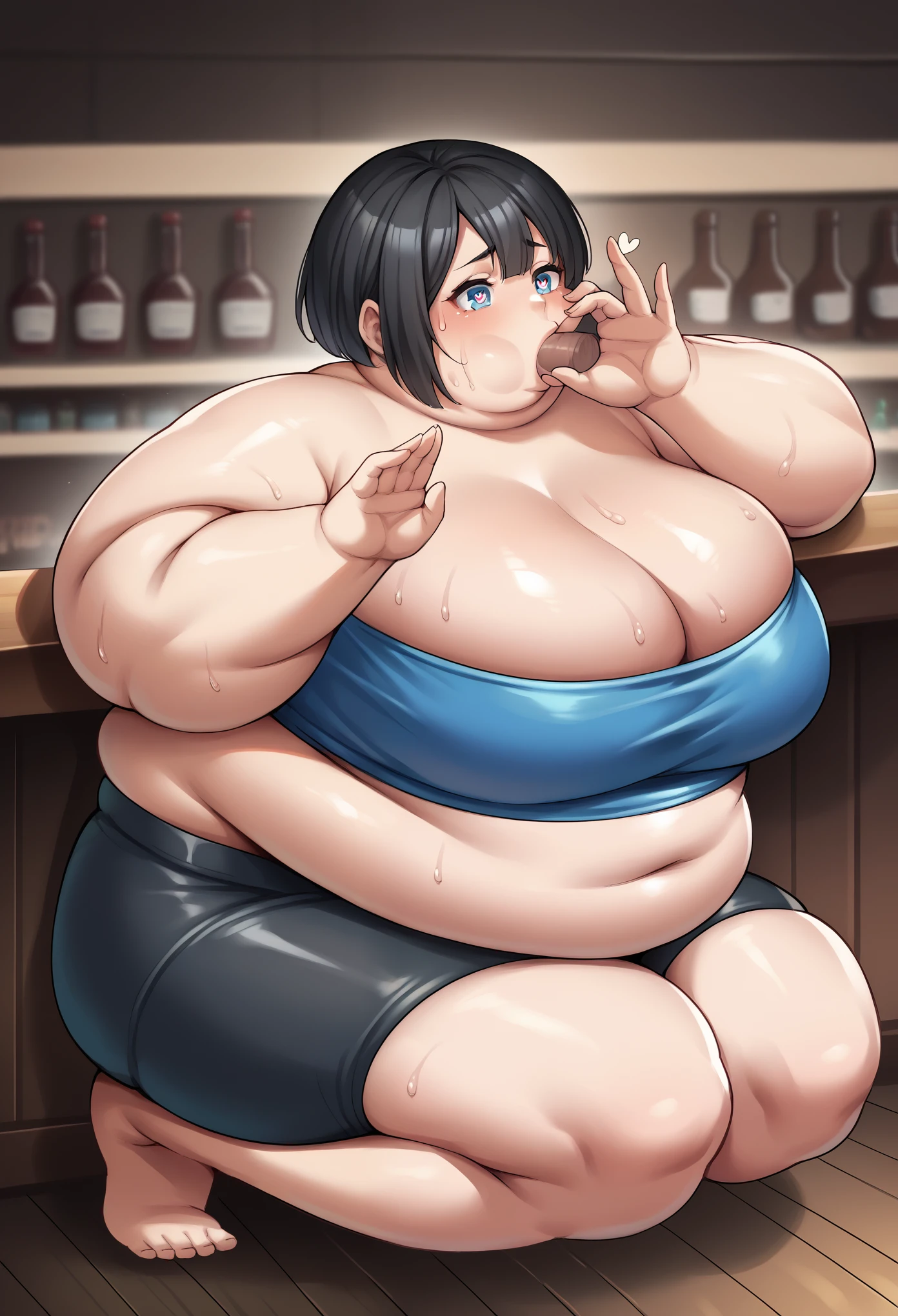 hiraguchip5, short hair, black hair, blue tube top, black bike shorts, midriff, cleavage, fat, chubby, obese, bar, full body shot, gigantic arms and legs, fellatio gesture, squatting, sweating, heart eyes 