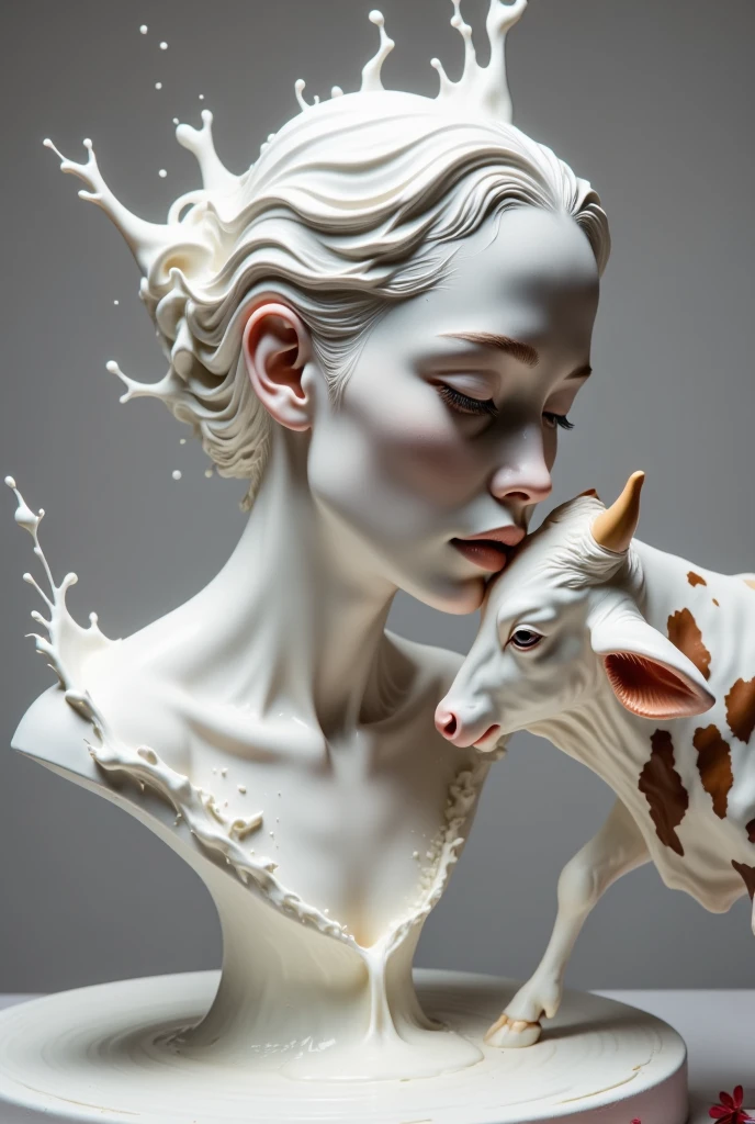 Human head in the shape of a container with milk ， A cow is drinking milk from the container，gypsum sculpture，statue，cake