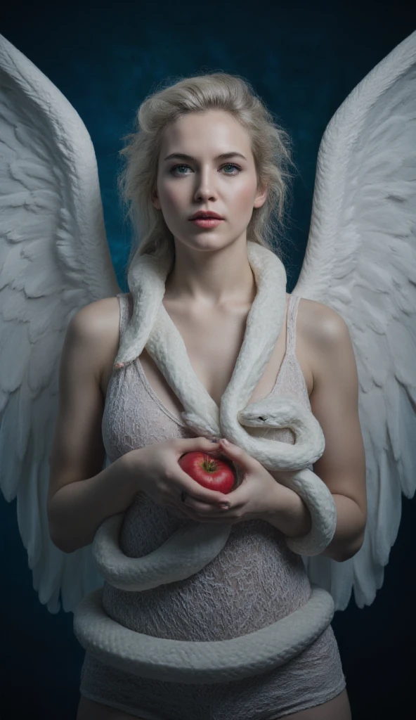 Front view of beautiful woman with perfect body, With beautiful white hair tied behind her head in a very messy congo,  pale skin and one green eye while the other is blue watching the camera  .large open angel wings detailed ,
 Transparent white lace body , holding a red apple with one hand and with the other a white snake with 
 detailed head,  the white snake is wrapped around its body  , the snake is seeing the apple ,
The background is black and blue .
