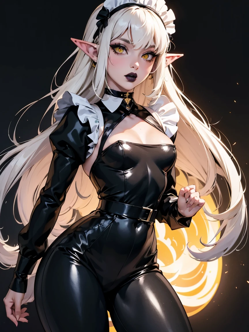 (best lighting) (best quality, masterpiece:1.2), (absurdres), wide portrait, alluring, ethereal, flirtatious, woman, ((very long white hair), ((yellow eyes)), (detailed eyes), (elf ears), ((glossy, shiny, black lipstick)), ((maid outfit)), ((chocker)), high fashion, (slim), ((small breasts)), wide hips, bold yellow and back background, abstract, soft lighting, hazy, cinematic