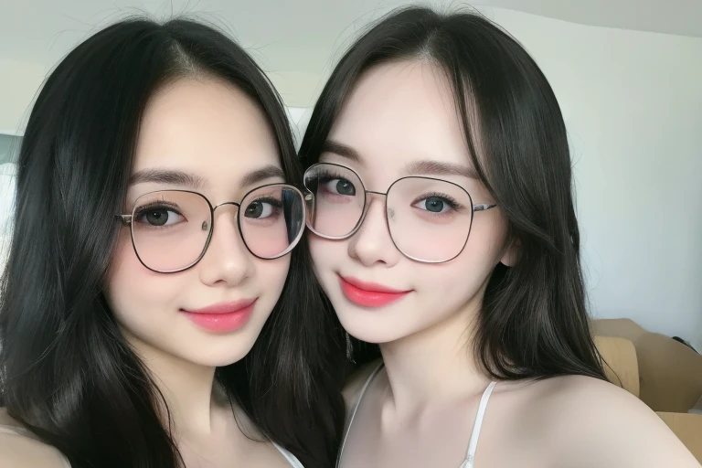 (Realistic、masterpiece、best quality、8K、high resolution、high resolution:1.3)、there are two girls with glasses on posing for a picture、smile, red lips, Gigantic breasts、white bikini、pale white skin、looking at viewers、supene face and eyes、long hair、indoor、 upper body、