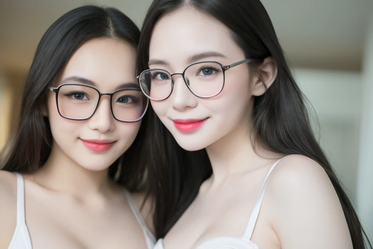 (Realistic、masterpiece、best quality、8K、high resolution、high resolution:1.3)、there are two girls with glasses on posing for a picture、smile, red lips, Gigantic breasts、white bikini、pale white skin、looking at viewers、supene face and eyes、long hair、indoor、 upper body、