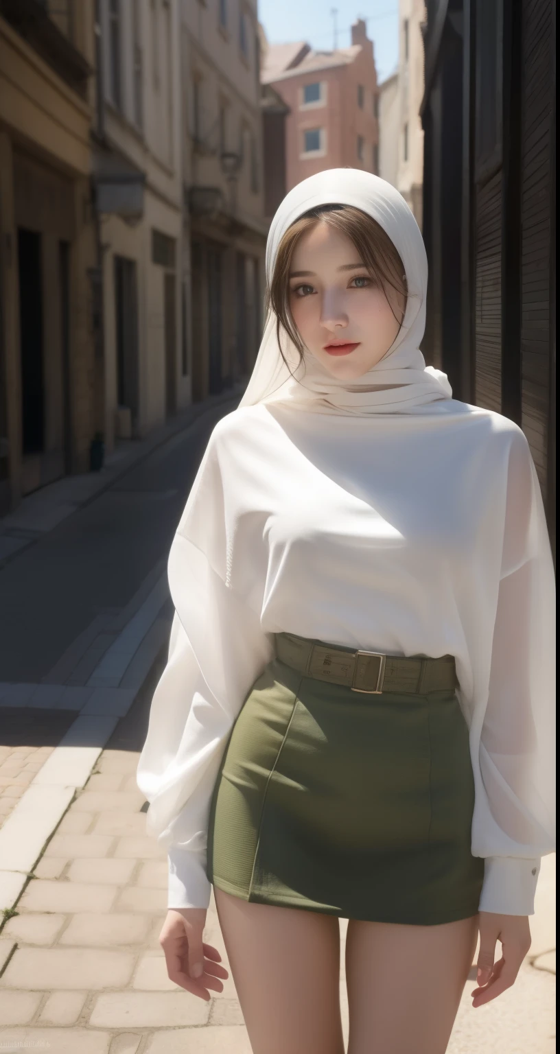 21 years old girl, beautiful hijab girl, hijab fashion outfit, olive skin tone, portrait shot of face and down to thighs, detailed daylight street scene, (best quality,4k,8k,highres,masterpiece:1.2),ultra-detailed,(realistic,photorealistic,photo-realistic:1.37),cinematic lighting,intricate details,vibrant colors,elegant pose,dynamic composition,natural lighting