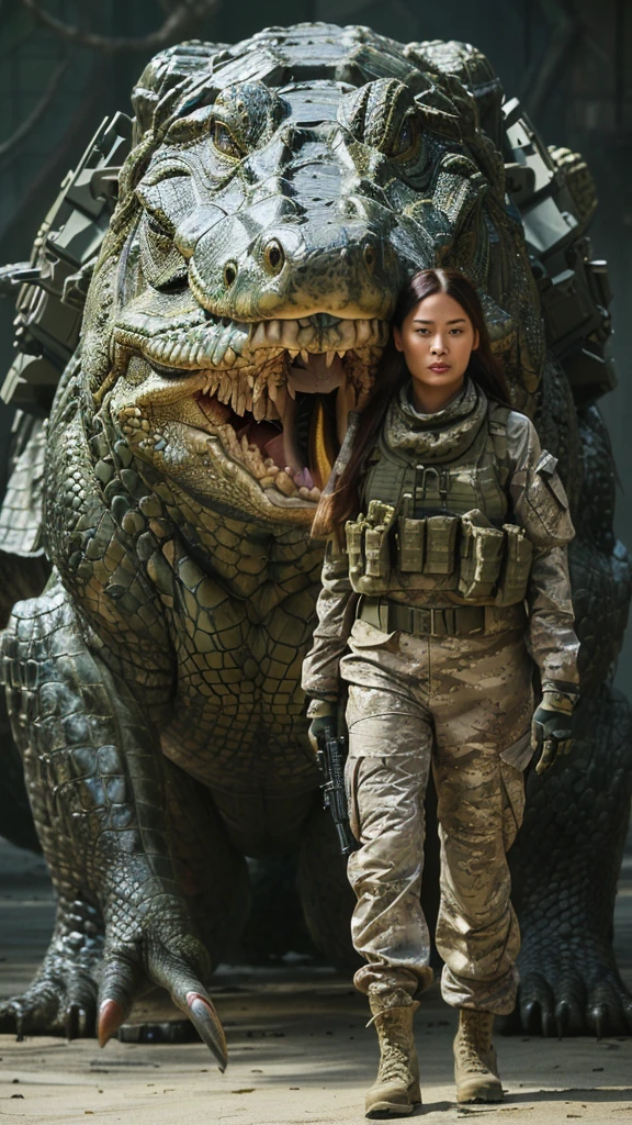 araffe with a woman in camouflage standing next to a large alligator, still from a live action movie, japanese live-action movie, scene from live action movie, movie still 8 k, jormungandr, wojtek fus, monster hunter the movie, perfect military composure, japanese vfx, hot reptile humanoid woman, with scaly-looking armor