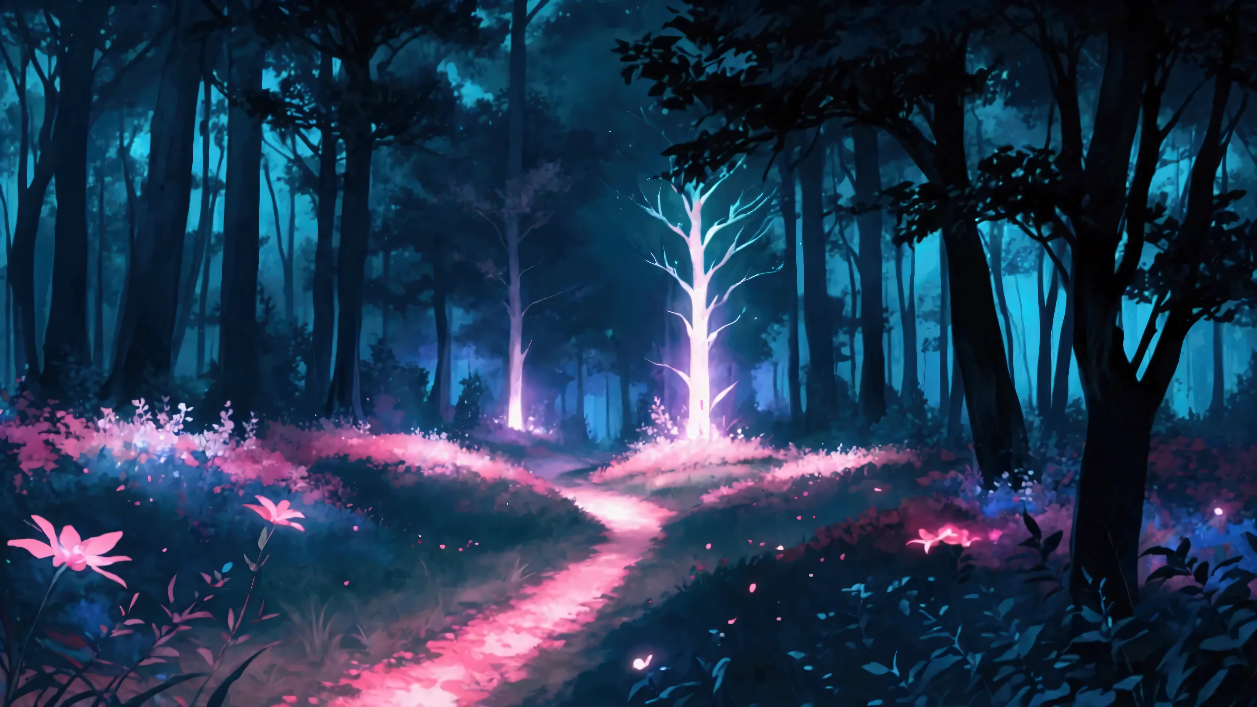 Glowing Forest Dark Night Sparkling Lofi anime style , floral , landscape , natural , Glowing Flower, colorful