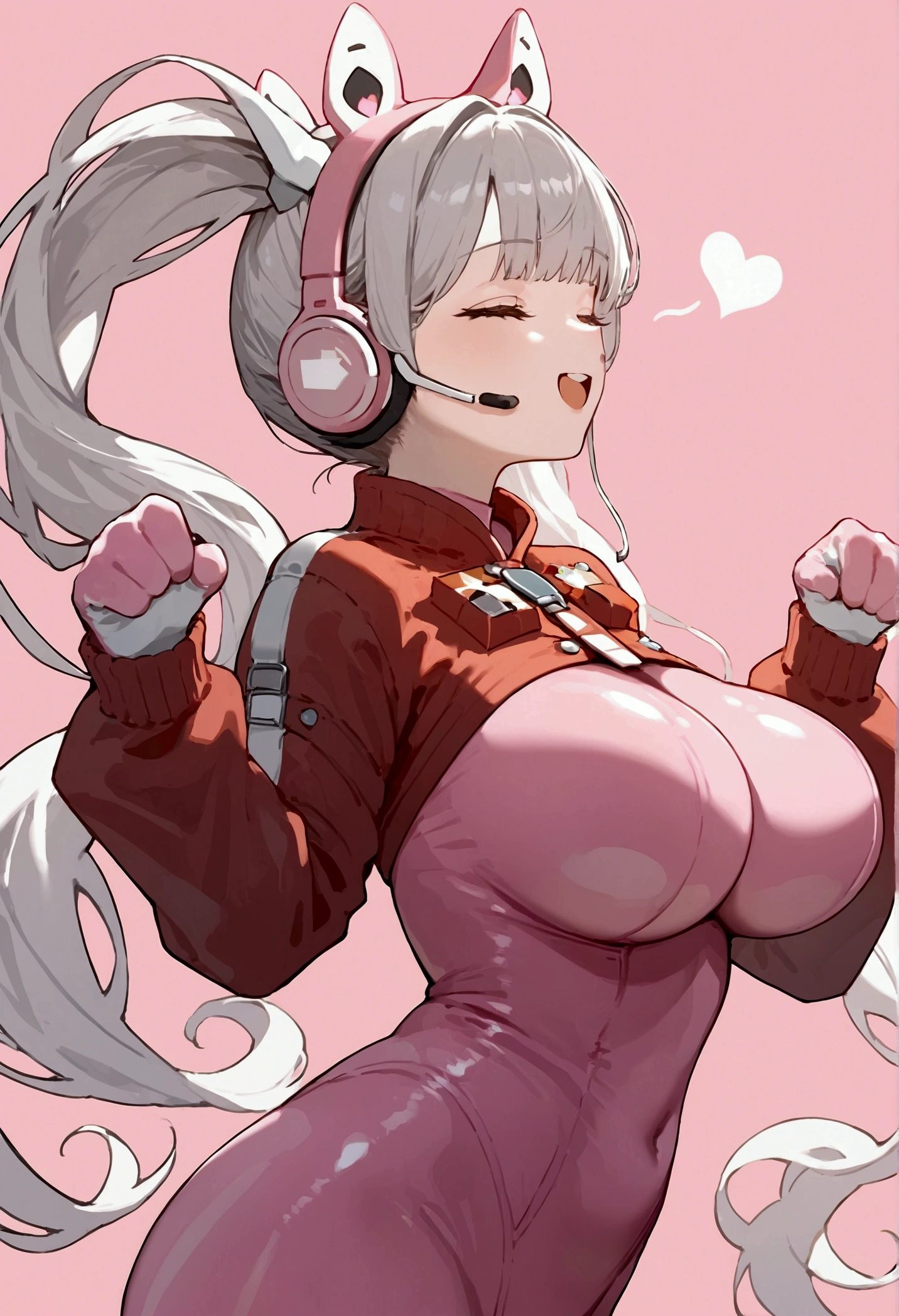 score_9, score_8_up, source_anime, big breasts, 1girl, solo, alicedef, twintails, very long hair, grey hair, fake animal ears, headset, pink eyes, pink bodysuit, shrug \(clothing\), multicolored gloves, latex, from side, arched back, closed eyes, happy, paw pose, pink background, sunburst background