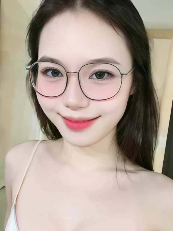 (Realistic、masterpiece、best quality、8K、high resolution、high resolution:1.3)、1 glasses girl、smile, red lips, Gigantic breasts、white bikini、pale white skin、looking at viewers、supene face and eyes、long hair、indoor、 upper body、