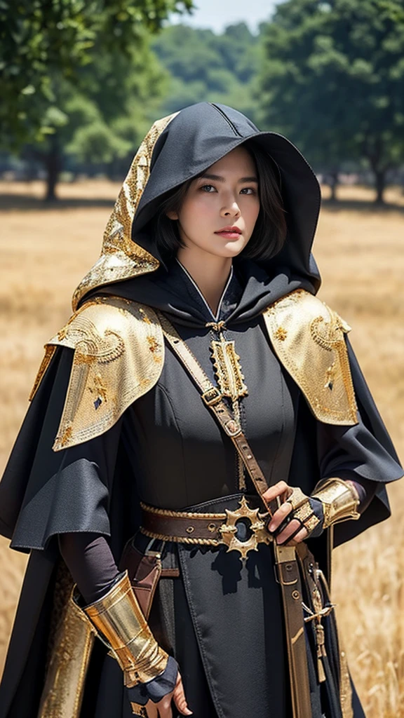 Alone, ,   focus your gaze  ,    Kampala  , masterpiece,    anatomically accurate  ,   best quality ,      has won many awards    ,    very detailed ,  Ultra-fine,    textured skin, woman、Center parted short hair、 cowboy shot , ((( Black Armor Medieval Europe with Gold Attachment Cloak))),  There is a prairie in the background 、