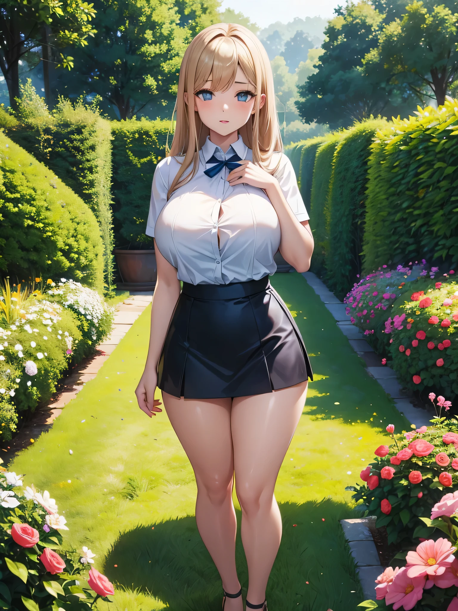 asterpiece, best quality, highres, lucy heartfilia, blonde hair, completely naked, long hair, side ponytail, blue ribbon, large breasts, earrings, thigh boots, standing, outdoors, town, house, looking at viewer, embarrassed, completely naked, blushing, shame, exposed tits, exposed pussy