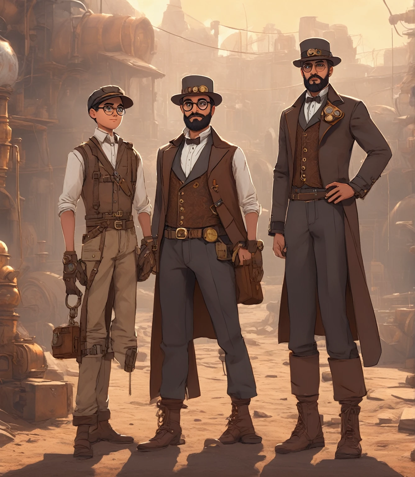 "A male latino man in his 40 years old tall and a little overweight with a beard in steampunk engineer cotume and his assistant a young white short chubby young boy with glasses, standing against a mine background. Best quality, (masterpiece), ( methurlant), comic, y2k animation, intricate detail, smooth,