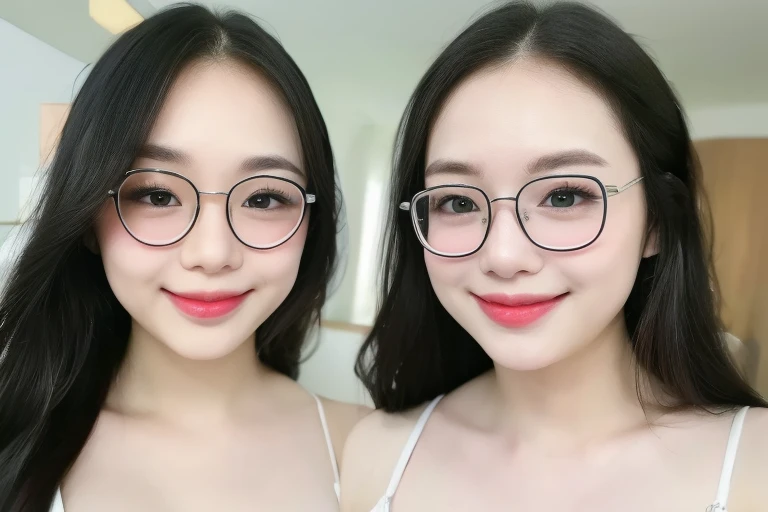 (Realistic、masterpiece、best quality、8K、high resolution、high resolution:1.3)、1 glasses girl、smile,  closed mouth, red lips, Gigantic breasts、white bikini、pale white skin、looking at viewers、supene face and eyes、long hair、indoor、 upper body、