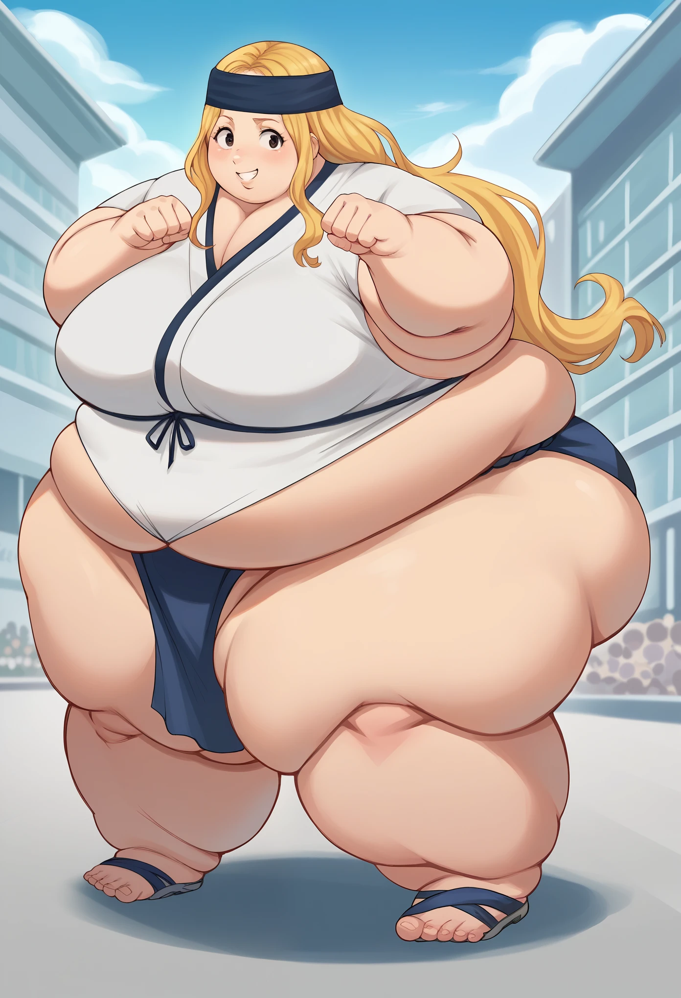 score_9, score_8_up, score_7_up, source_anime BREAK 1girl, solo,   chihayap5, very long hair, blonde hair, headband, smile, standing, city, shinjuku, fat, chubby, obese, obese,loincloth,  a mawashi, sumo wrestler, shiko dachi stance, horse stance