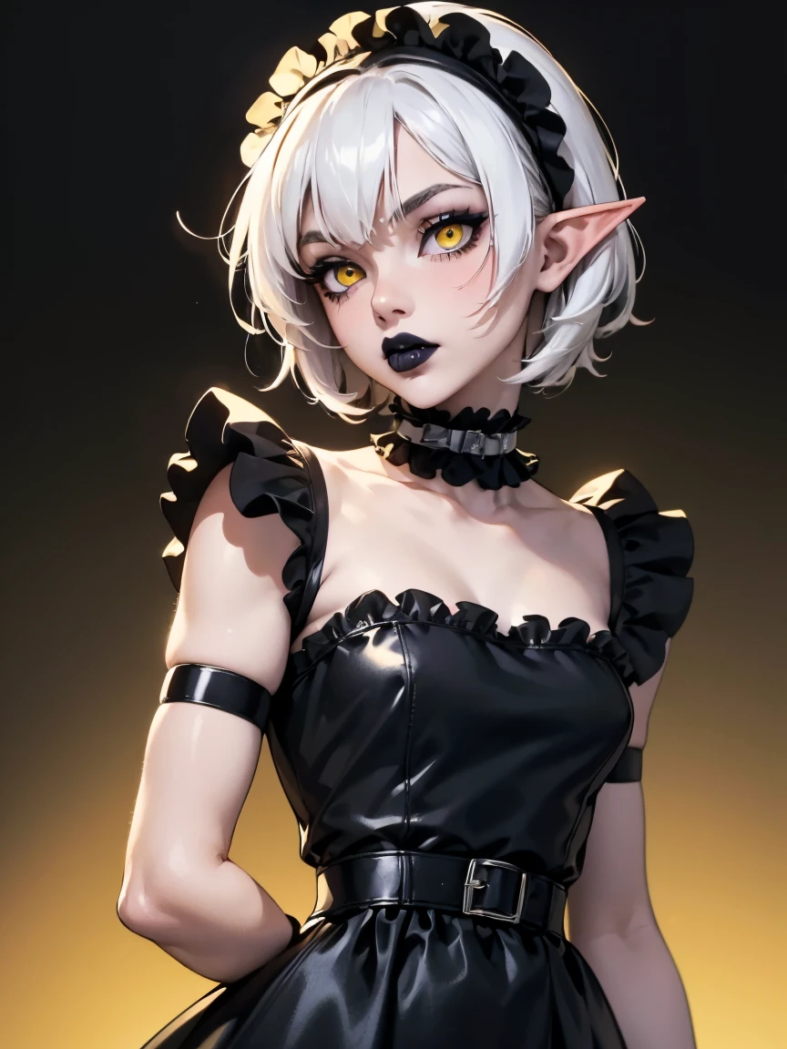 (best lighting) (best quality, masterpiece:1.2), (absurdres), wide portrait, alluring, ethereal, flirtatious, woman, ((very short, messy boyish, white hair), ((yellow eyes)), (detailed eyes), (elf ears), ((glossy, shiny, black lipstick)), ((maid outfit, long dress, frills)), ((chocker)), high fashion, (slim), ((small breasts)), wide hips, (bold yellow and back background), soft lighting, hazy, cinematic