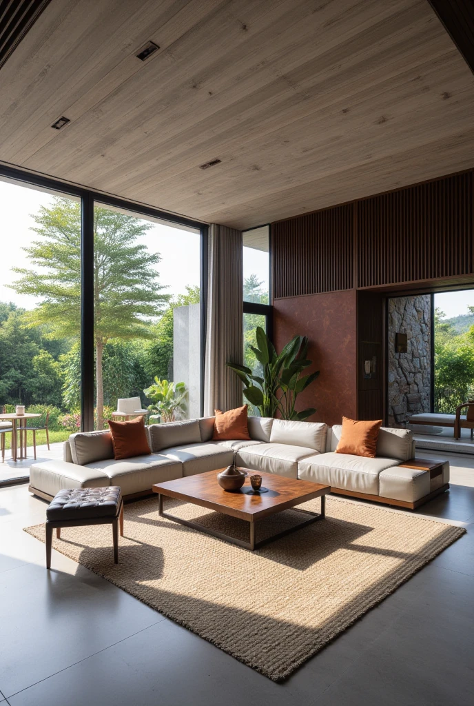 "Design a modern living room with an emphasis on natural light and minimalist decor, featuring a Revit Architecture model seamlessly rendered in the vibrant and realistic style of Lumion software." (Landscape view)