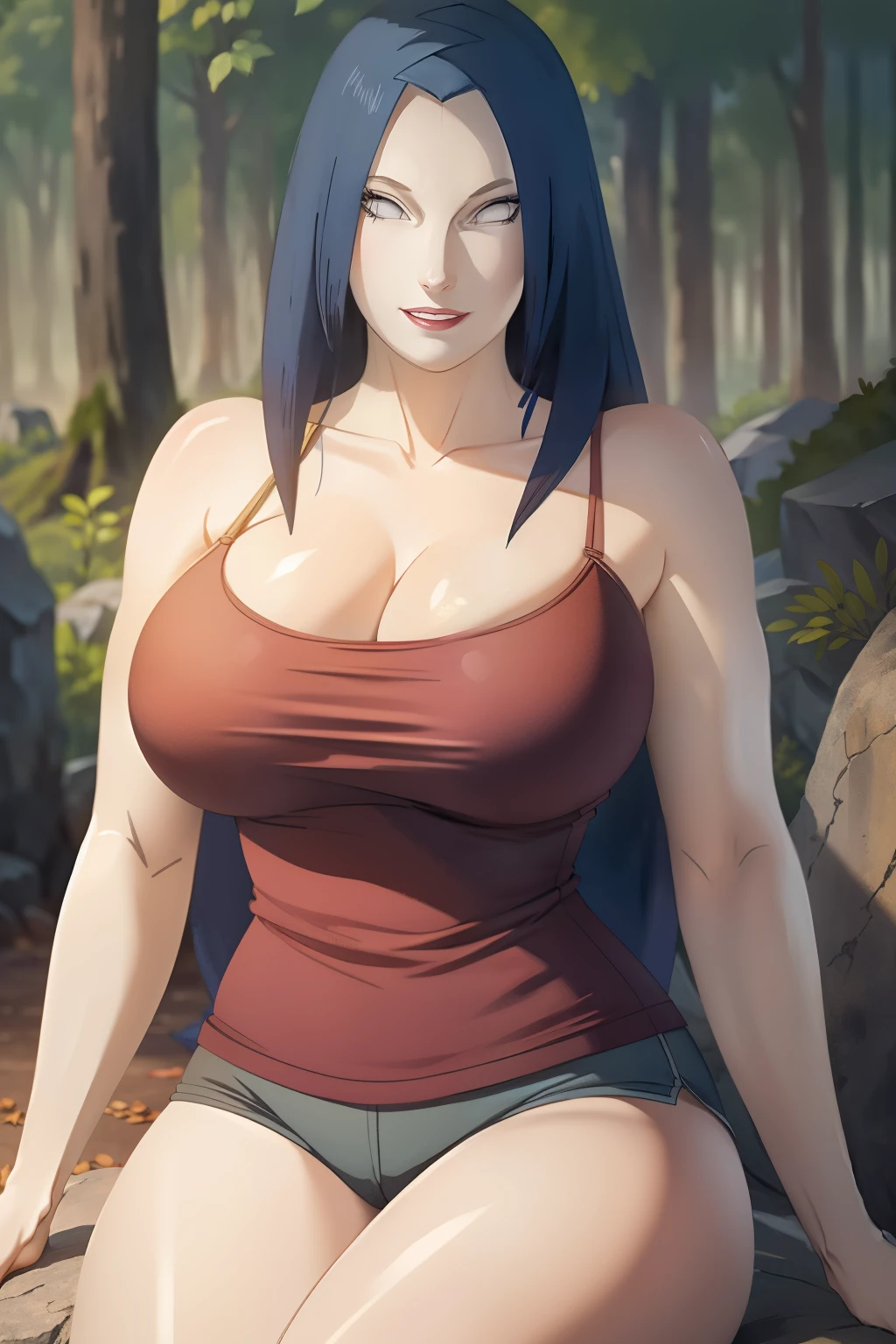 Mikoto Uchiha, oil painting, highly detailed, realistic, portrait, bright colors, soft lighting, (best quality, 4k,8k, height, masterpiece: 1.2), (big round breasts: 1.5), professional, long black hair, eyes black, beautiful detailed eyes and face, very detailed smile, long eyelashes, sitting on a rock, looking towards the viewer, very short top, big butt, bare shoulders, white shorts, outdoors, forest, cowboy shot, collarbone.