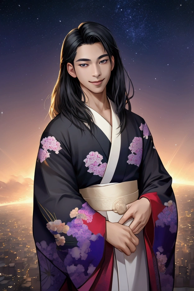 Cool guy、Looking straight ahead、smile、 Rin wearing a kimono 々Young man、Black Hair、Iris、 Mysterious Atmosphere 、Space background 、light and magic、wisdom、 in a dignified kimono、 beautiful Japanese pattern 、8K UHD resolution、( best quality ,4K,8k, Kampala,masterpiece:1.2)、Realistic、Colorful tones、優しいsmile、Gentle Eyes