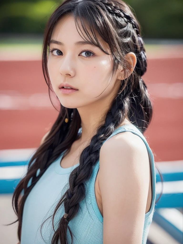  high school girl who made a Japanese record by jumping backwards in the high jump in track and field, Dark blue hair,  long hair braided from top to side ,  Delicate Hair Like Thread ,  Expressive Hair , Slightly flushed cheeks,  moist eyes, Light-pigmented eyes, Droopy eyes, Kind eyes, Droopy eyes,  long lashes, Drooping eyebrows, Low Nose, Fair skin,  beautiful skin in NFSW, Sleeveless uniform and jogging pants , RAW Photos,  Professional Photos , masterpiece,  Realistic Skin Texture ,  High School Girl's Physical Beauty , Moderate muscle, moment of decision