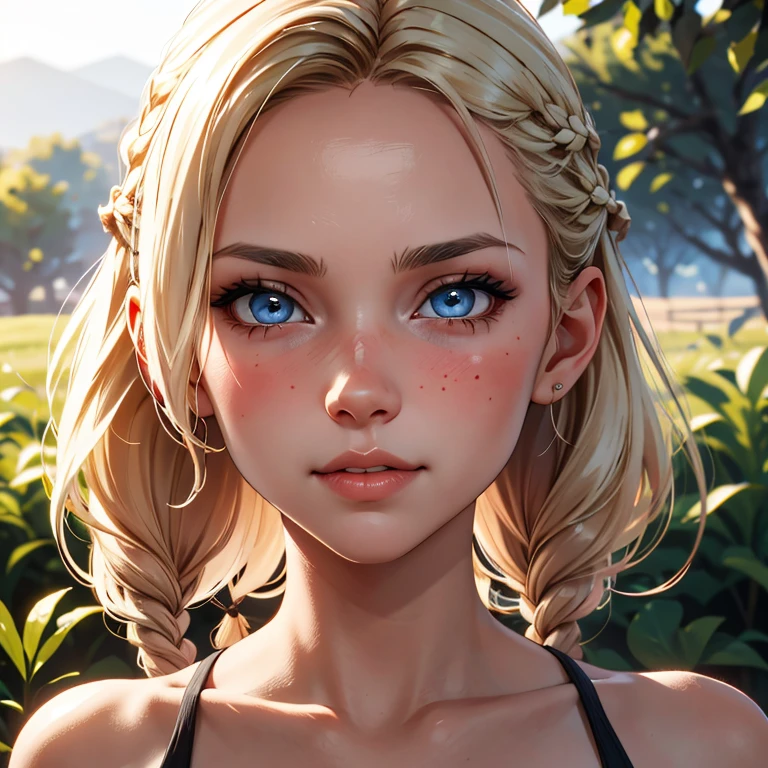 Blonde,braids,Sleek tied hair,
slim face,white skin,sunkissed blush,light blue eyes,snub nose,delicate mouth and jaw,
petite,very young girl,very thin complexion,skinny,slender body,
masterpiece, best quality, HDR,
dressing 1910 farmer’s dress,
red dead redemption 2 farm background,

