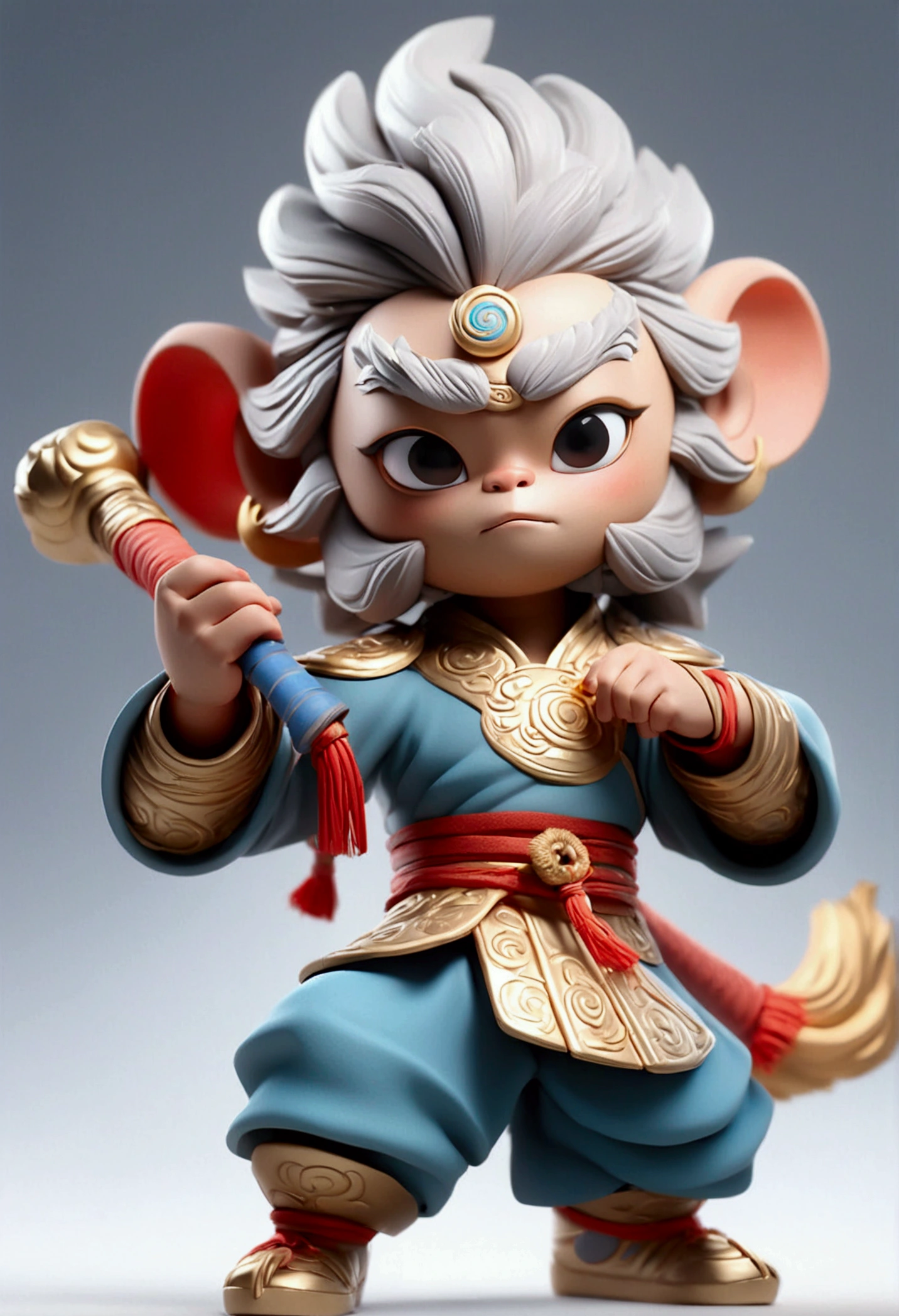 3D,C4D rendering, cartoon style, Sun Wukong wearing general armor, holding a long straight gold-banded stick, gray hair, white or clean background, the whole has three-dimensional features of clay material, blind box design, Chinese traditional culture, Chinese style, 8k