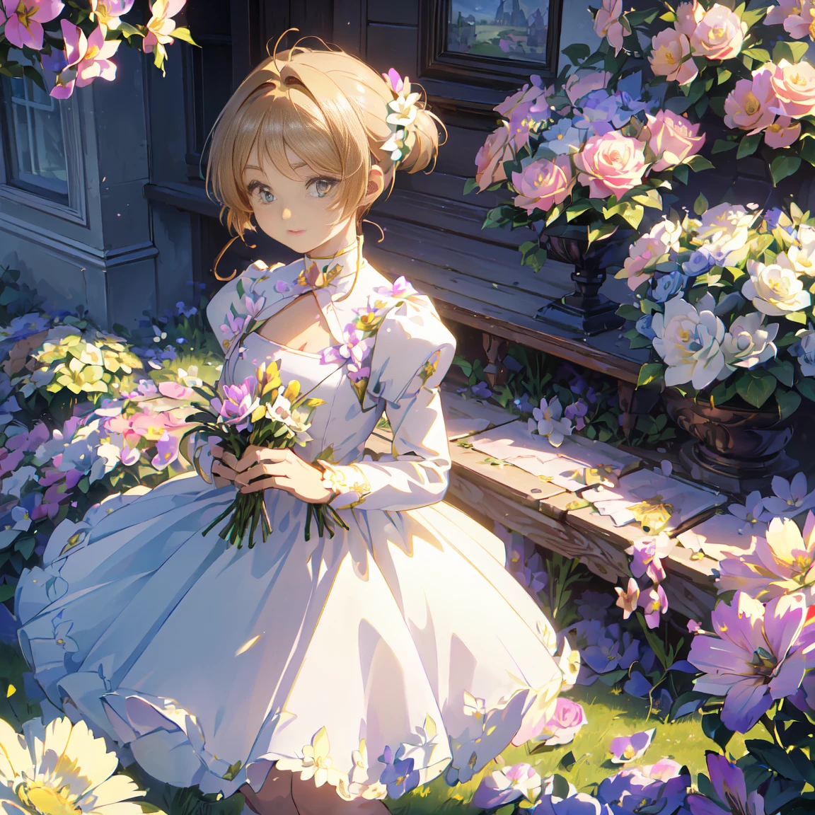 ((8k, Highest quality, masterpiece: 1.3)),Ultra-high resolution,(1 girl, alone), (Color changing eyes, Ultra-detailed, Expressive brilliance, Glitter, Glowing Eyes), Highly detailed eyes, Highly detailed face, Random Hair, ((pastel colour))Illustrate a woman sitting at a charming outdoor café table, surrounded by lush greenery and potted flowers. She holds a small, delicate bouquet of pastel-colored carnations and baby’s breath in a simple, clear vase. Her medium-length blonde hair is styled in a sleek bob, and she’s dressed in a casual, stylish outfit: a fitted striped top and a light, flowy skirt. She’s laughing joyfully, her eyes closed and head tilted back, as if enjoying a delightful conversation with a friend. The café is decorated with vintage wrought iron furniture, string lights, and a light breeze rustling through the leaves, creating a relaxed, cheerful setting with warm afternoon sunlight casting soft shadows across the scene.

