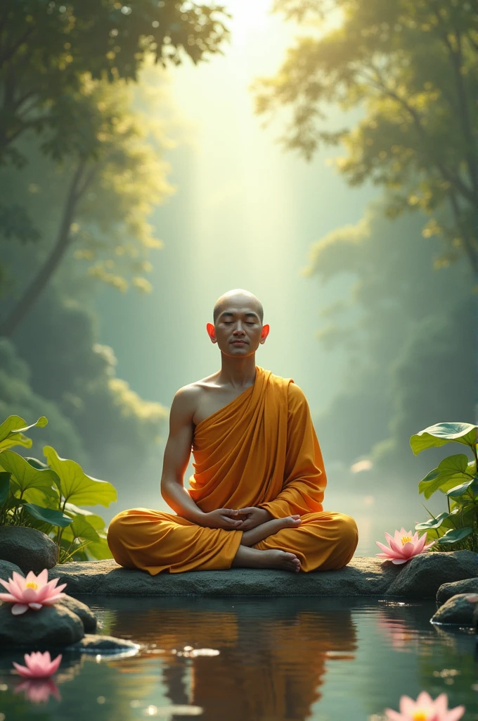 This world is covered with lotus fragrance , gold silver and very wide, in the middle there is a muscular monk, handsome man wearing monk's robe meditating