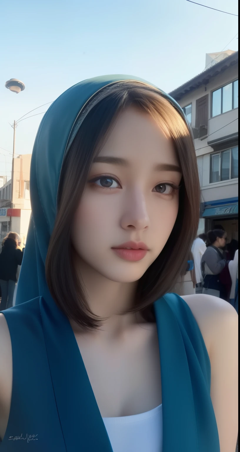 21 years old girl, beautiful hijab girl, hijab fashion outfit, olive skin tone, shooting from face to thighs, close-up shots, detailed daylight street scene, detaoled face,detailed lips,detailed nose,detailed hand,(best quality,4k,8k,highres,masterpiece:1.2),ultra-detailed,(realistic,photorealistic,photo-realistic:1.37),cinematic lighting,blue sky,intricate details,vibrant colors,elegant pose,dynamic composition,natural lighting