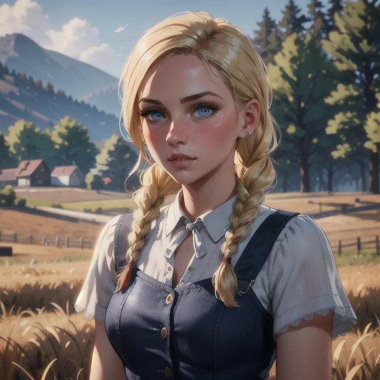 Blonde,braids,Sleek tied hair,
slim face,white skin,sunkissed blush,light blue eyes,snub nose,delicate mouth and jaw,
petite,very young girl,very thin complexion,skinny,slender body,
masterpiece, best quality, HDR,
dressing 1910 farmer’s dress,
red dead redemption 2 farm background,