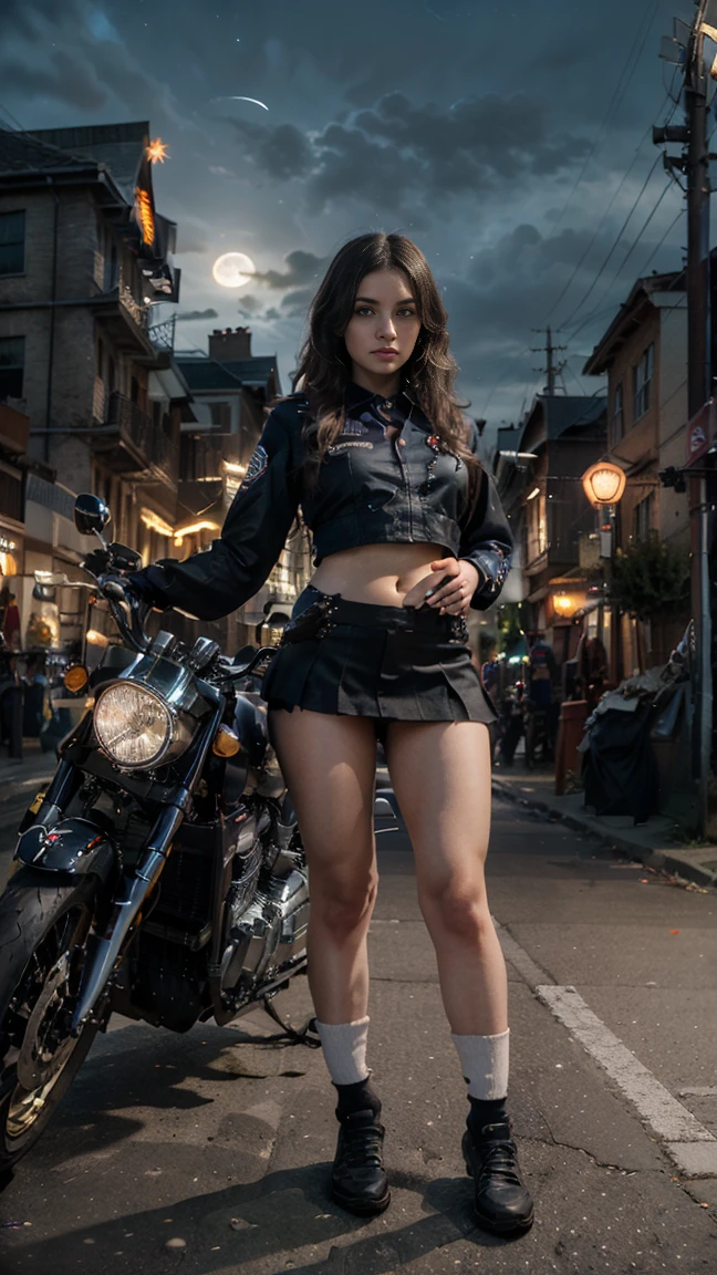 Waifus, 22 years old, pose in front of a futuristic motorcycle ,  The motorcycle has skulls and blue flames , Highly detailed 3D graphics., night landscape with full moon in the background,  She wears a 3D uniform with skulls and flames and a sailor's miniskirt., socks , HDR-10, epic realism, High octane rendering, Work of art,