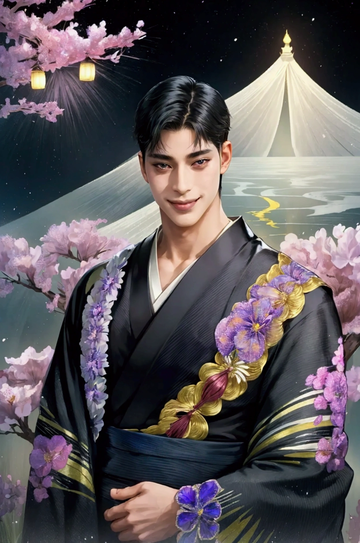 Cool guy、Looking straight ahead、smile、 Rin wearing a kimono 々Young man、Black Hair、Iris、 Mysterious Atmosphere 、Space background 、light and magic、wisdom、 in a dignified kimono、 beautiful Japanese pattern 、8K UHD resolution、( best quality ,4K,8k, Kampala,masterpiece:1.2)、Realistic、Colorful tones、Gentle expression、Gentle Eyes